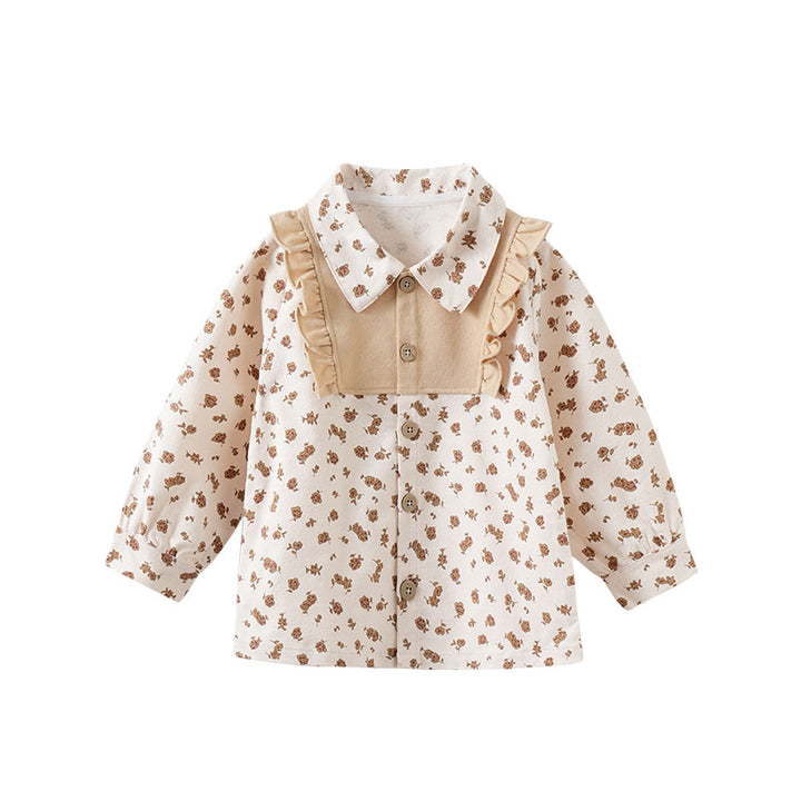 Infant Girls Khaki Floral Printed Casual Cotton Shirt