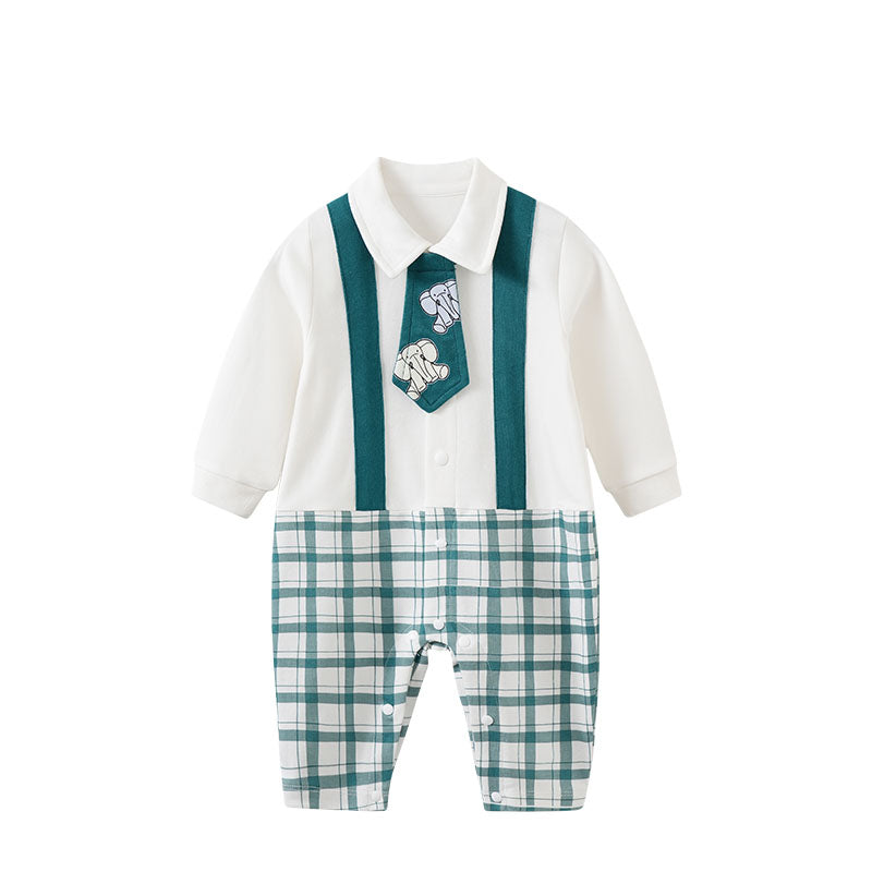 Infant Boys White And Green Checked Cotton Rompers