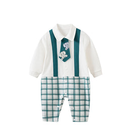 Infant Boys White And Green Checked Cotton Rompers