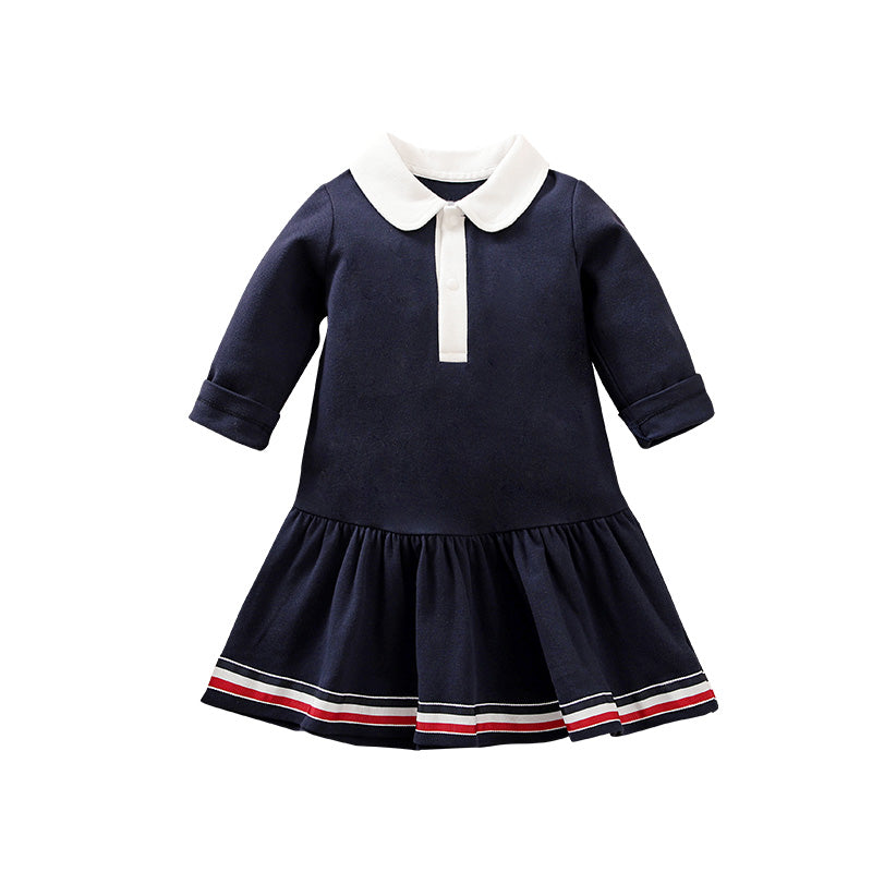 Girls Navy Blue Colourblocked Peter Pan Collar Cotton Drop-Waist Dress