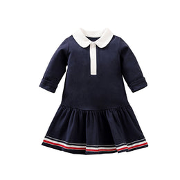 Girls Navy Blue Colourblocked Peter Pan Collar Cotton Drop-Waist Dress