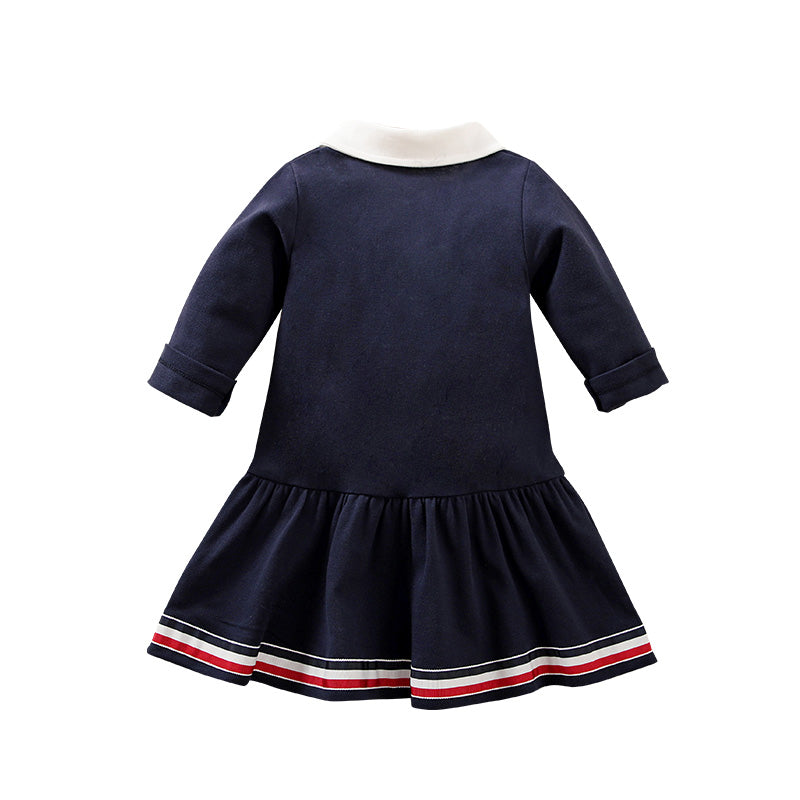 Girls Navy Blue Colourblocked Peter Pan Collar Cotton Drop-Waist Dress