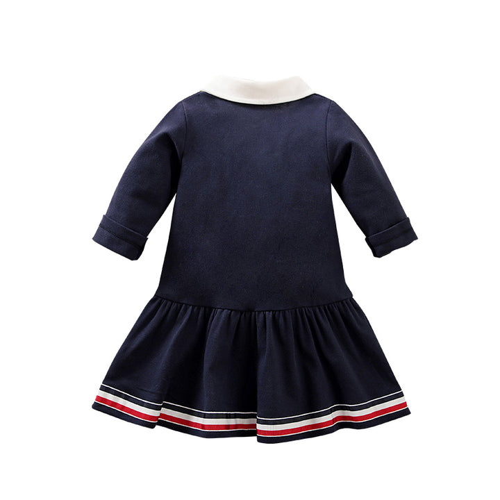 Girls Navy Blue Colourblocked Peter Pan Collar Cotton Drop-Waist Dress