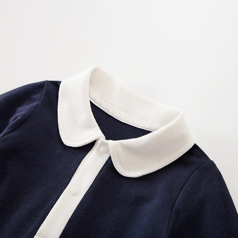 Girls Navy Blue Colourblocked Peter Pan Collar Cotton Drop-Waist Dress