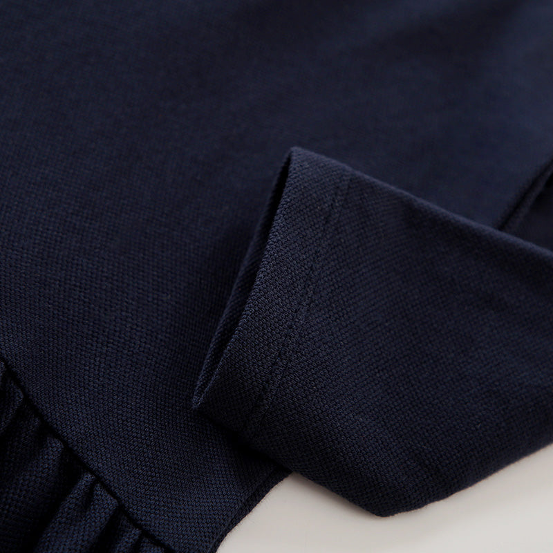 Girls Navy Blue Colourblocked Peter Pan Collar Cotton Drop-Waist Dress