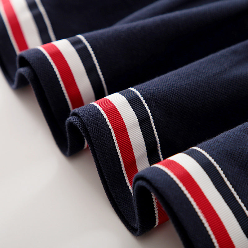 Girls Navy Blue Colourblocked Peter Pan Collar Cotton Drop-Waist Dress