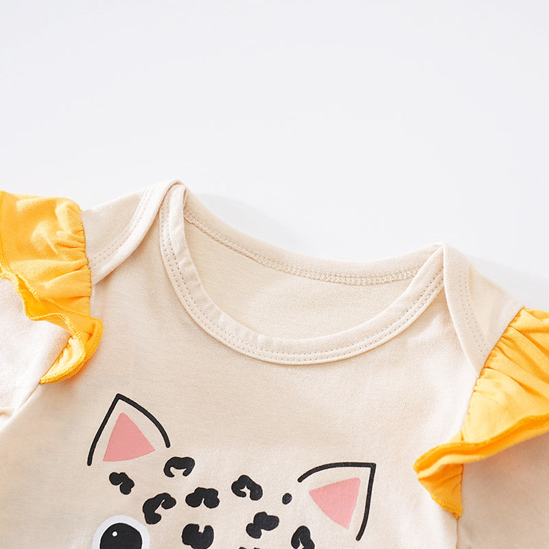 Girls Beige Printed Bodysuit with Shorts