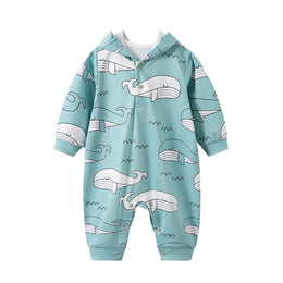 Infants Blue Conversational Printed Hooded Romper
