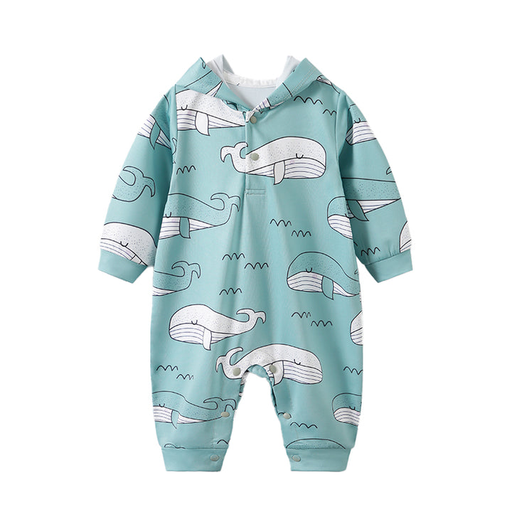 Infants Blue Conversational Printed Hooded Romper