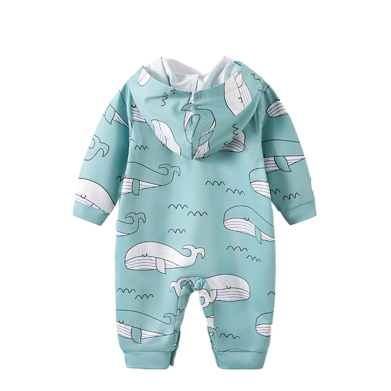 Infants Blue Conversational Printed Hooded Romper