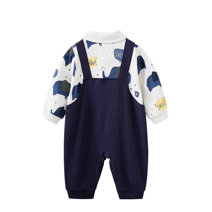 Infant Boys Navy Blue Printed Cotton Rompers
