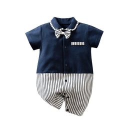 Infant Boys Navy Blue Striped Cotton Rompers With Bow