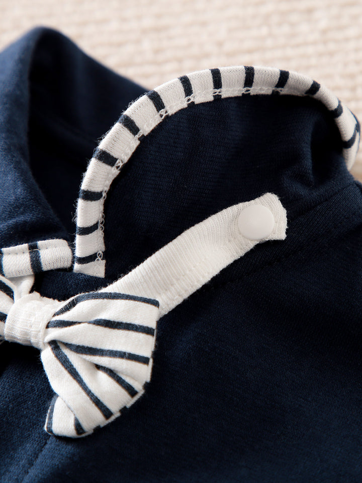 Infant Boys Navy Blue Striped Cotton Rompers With Bow