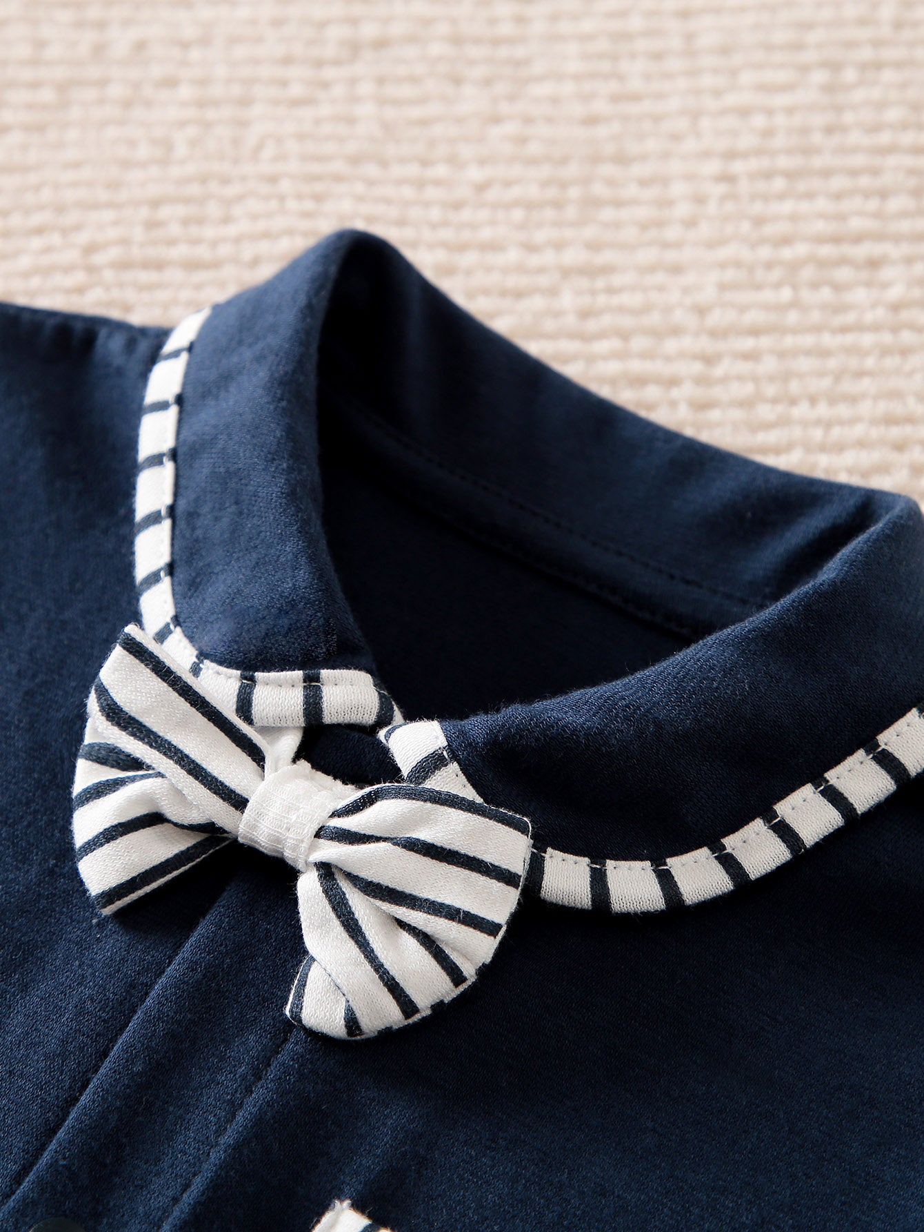 Infant Boys Navy Blue Striped Cotton Rompers With Bow