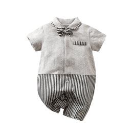 Grey Infant Boys Striped Short Sleeves Shirt Collar Cotton Rompers