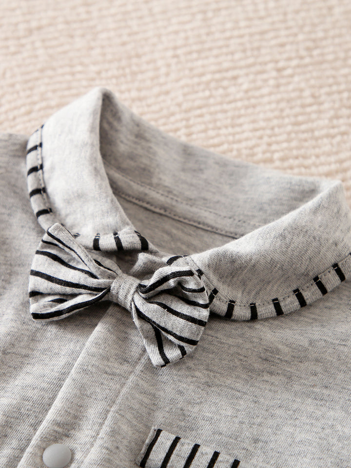 Grey Infant Boys Striped Short Sleeves Shirt Collar Cotton Rompers