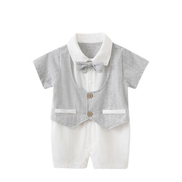 Grey Infant Boys Striped Shirt Collar Short Sleeves Cotton Romper