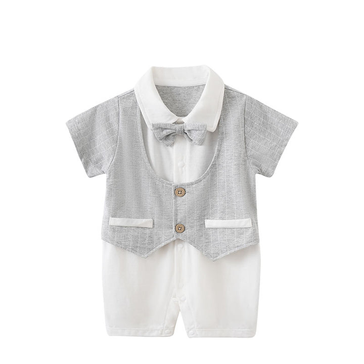 Grey Infant Boys Striped Shirt Collar Short Sleeves Cotton Romper