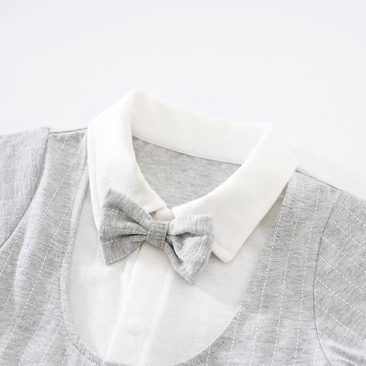 Grey Infant Boys Striped Shirt Collar Short Sleeves Cotton Romper