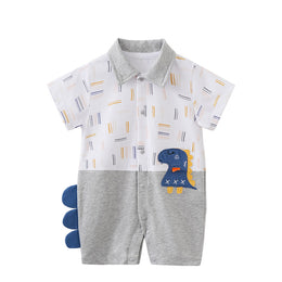 Grey & White Infant Boys Printed Shirt Collar Cotton Rompers