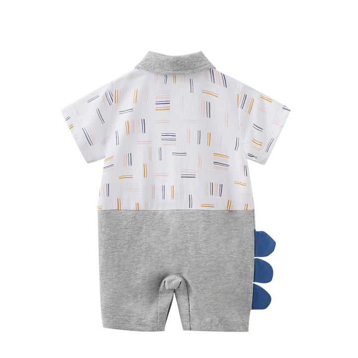 Grey & White Infant Boys Printed Shirt Collar Cotton Rompers