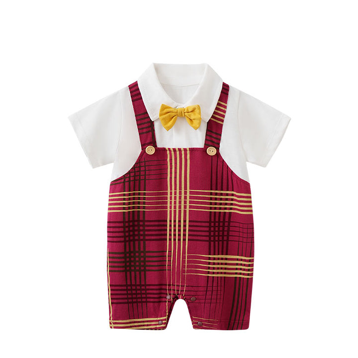 Infant Boys White & Red Checked Cotton Rompers