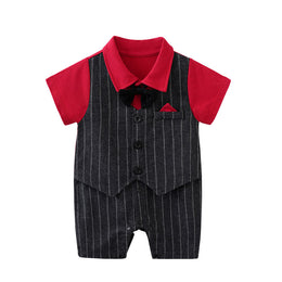 Infants Boys Red Colourblocked Suit Style Cotton Rompers