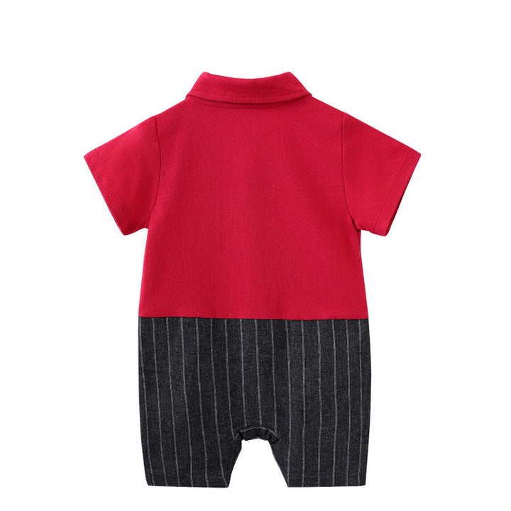 Infants Boys Red Colourblocked Suit Style Cotton Rompers