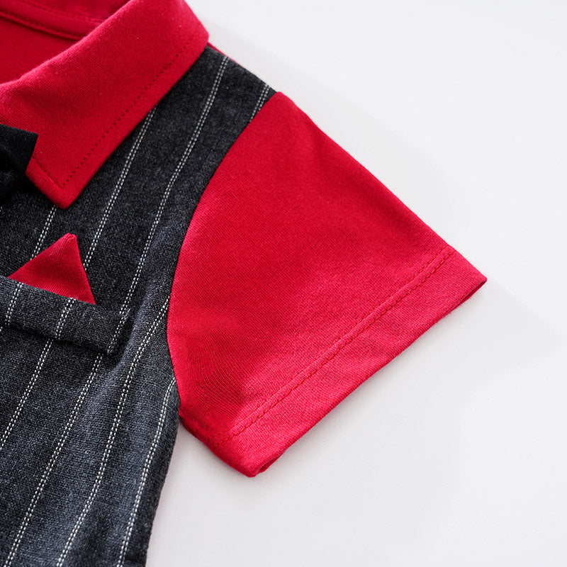 Infants Boys Red Colourblocked Suit Style Cotton Rompers
