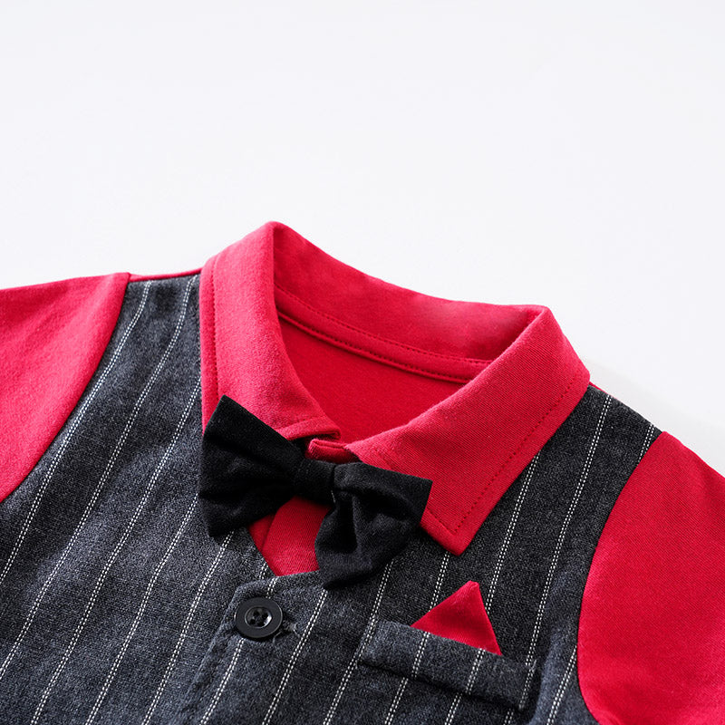 Infants Boys Red Colourblocked Suit Style Cotton Rompers