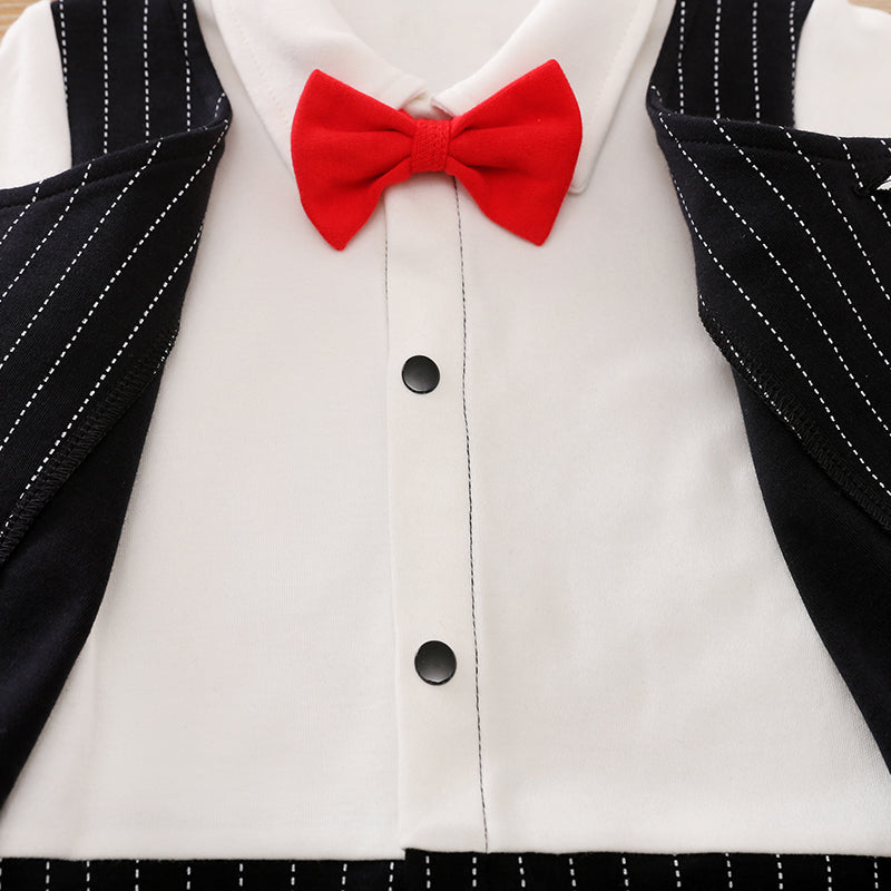 Infant Boys Black & White Striped Cotton Rompers