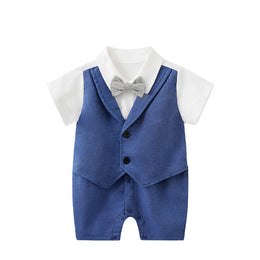 Infant Boys Blue Shirt Collar Cotton Rompers