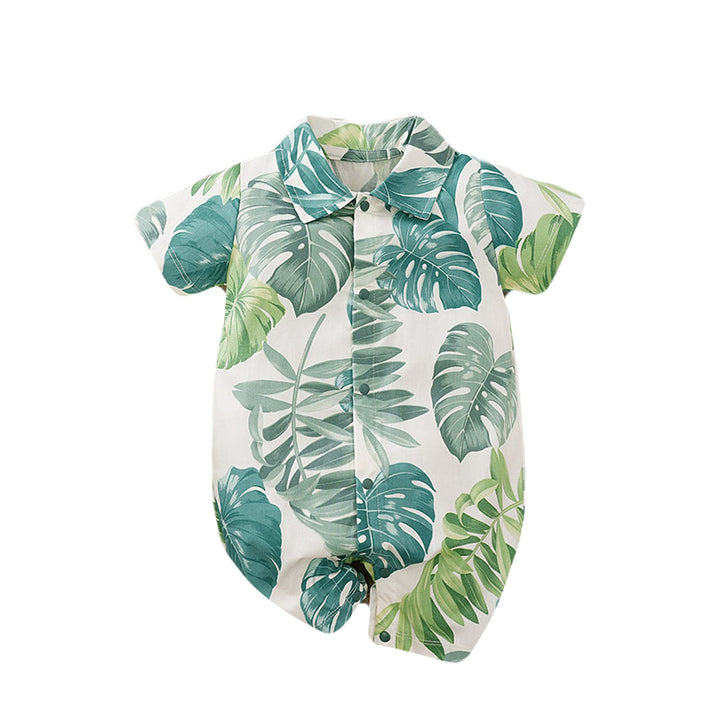 Infant Boys White & Green Tropical Printed Cotton Rompers