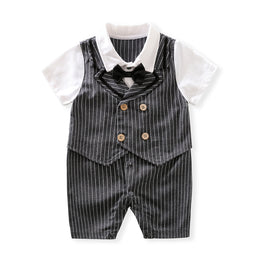 Grey Infants Boys Striped Cotton Rompers With Attached Waistcost and Bow
