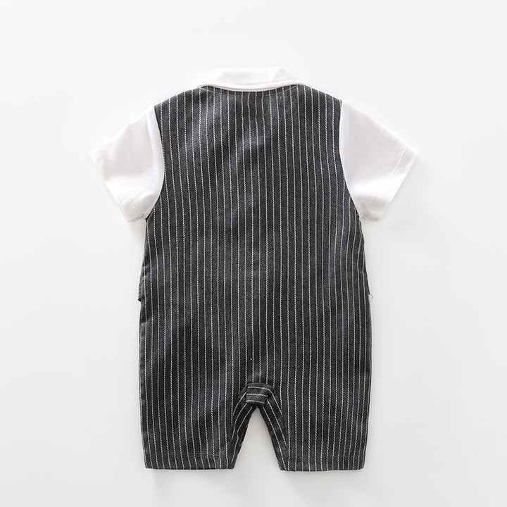 Grey Infants Boys Striped Cotton Rompers With Attached Waistcost and Bow