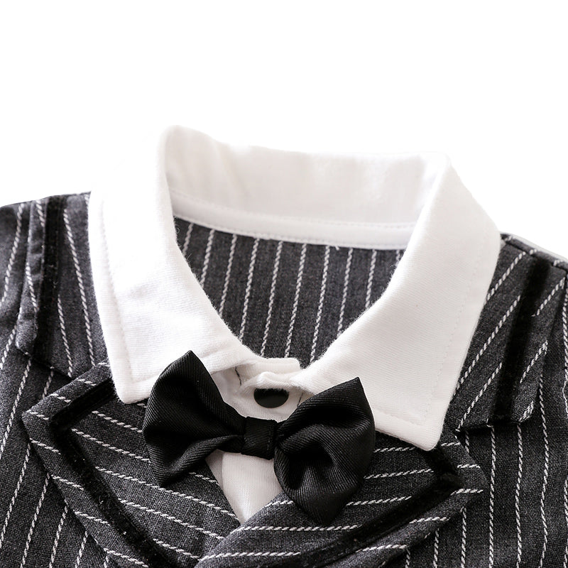 Grey Infants Boys Striped Cotton Rompers With Attached Waistcost and Bow