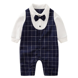 Infant Boys Navy Blue Checked Cotton Rompers