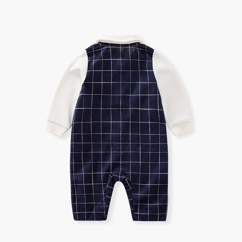 Infant Boys Navy Blue Checked Cotton Rompers