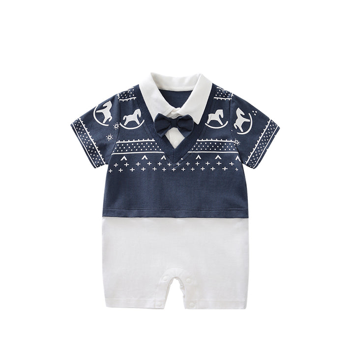 Infant Boys Navy Blue Conversational Printed Cotton Rompers