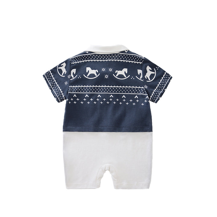 Infant Boys Navy Blue Conversational Printed Cotton Rompers