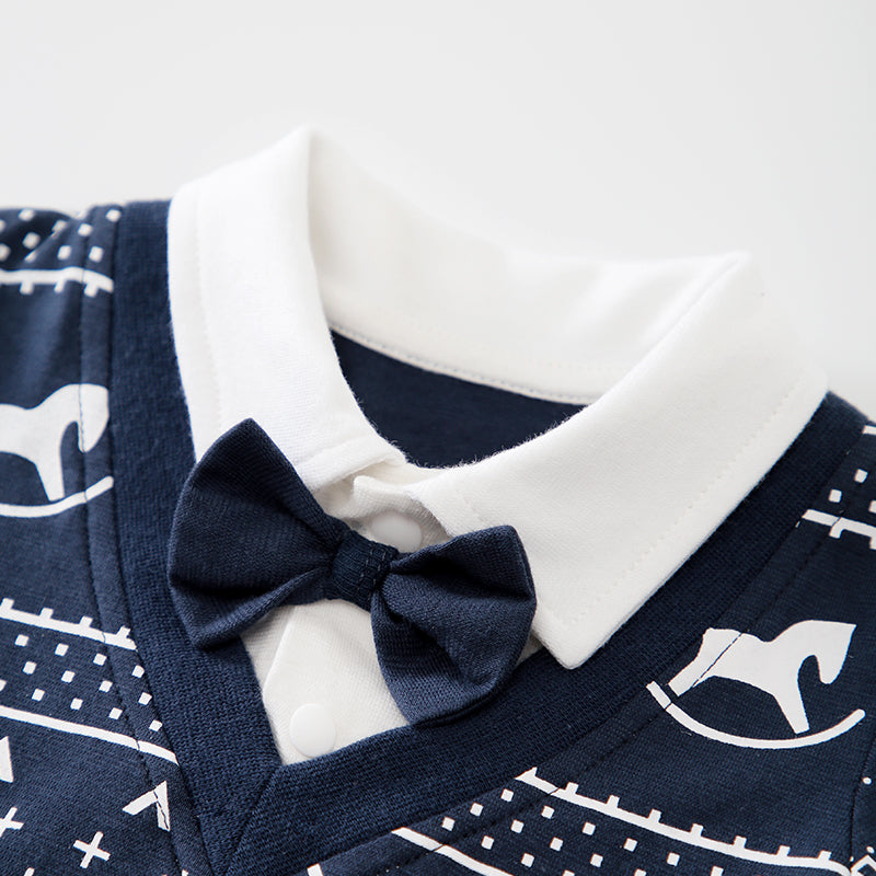 Infant Boys Navy Blue Conversational Printed Cotton Rompers