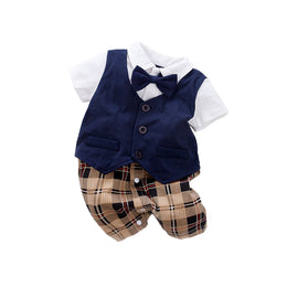 Infant Boys Navy Blue Checked Cotton Rompers With Bow