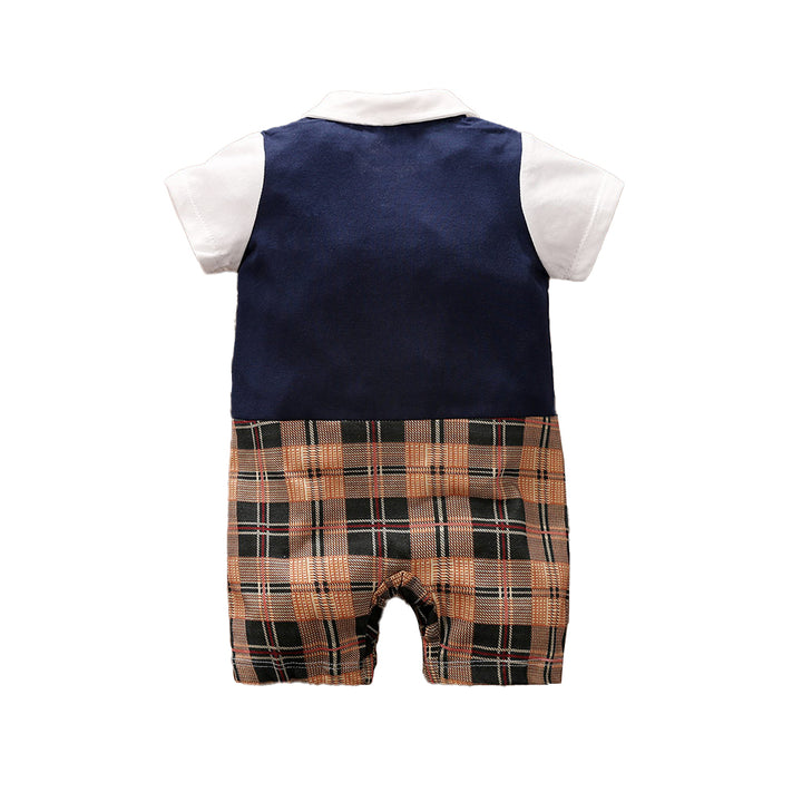 Infant Boys Navy Blue Checked Cotton Rompers With Bow