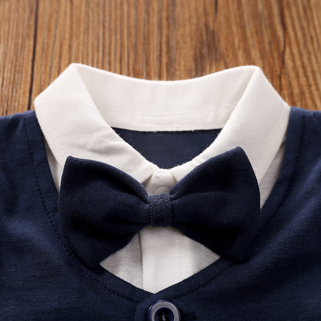 Infant Boys Navy Blue Checked Cotton Rompers With Bow