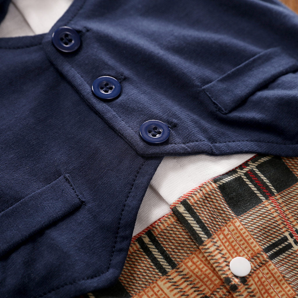 Infant Boys Navy Blue Checked Cotton Rompers With Bow