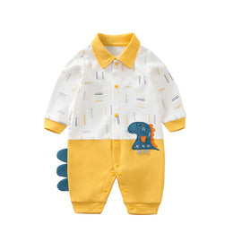 Yellow & White Infant Boys Abstarct Printed Shirt Collar Cotton Romper