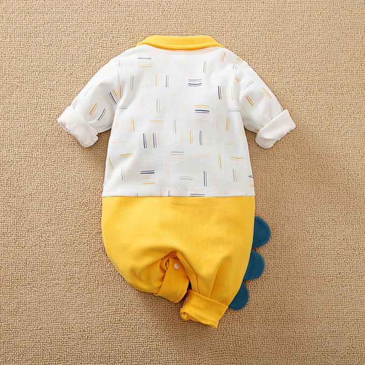 Yellow & White Infant Boys Abstarct Printed Shirt Collar Cotton Romper