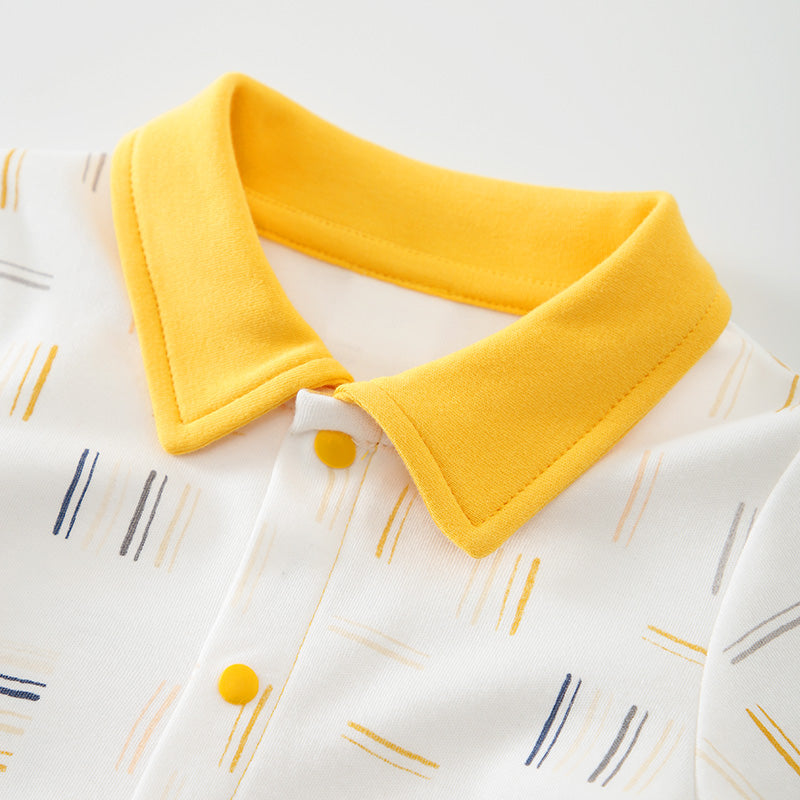 Yellow & White Infant Boys Abstarct Printed Shirt Collar Cotton Romper