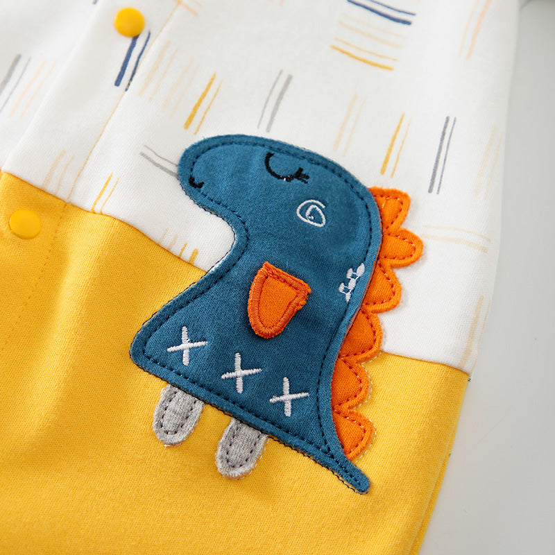 Yellow & White Infant Boys Abstarct Printed Shirt Collar Cotton Romper