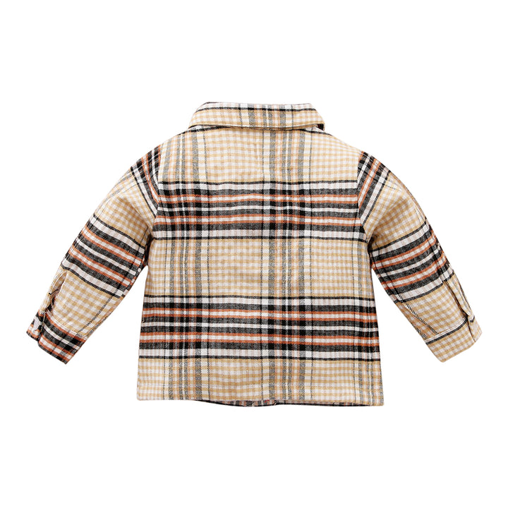 Boys Khaki Checked Spread Collar Cotton Shirt